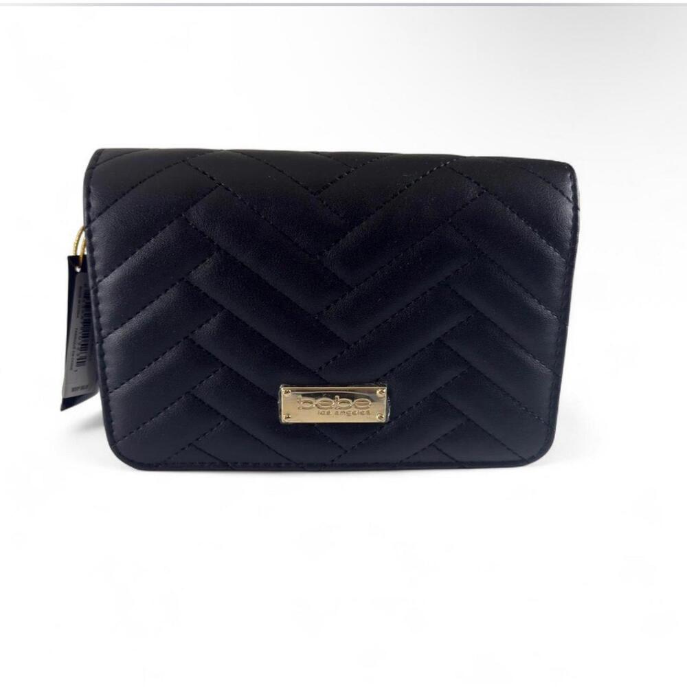 Bebe Sophia Crossbody Bag Small  Black Quilted Faux Leather Gold Chain NWT